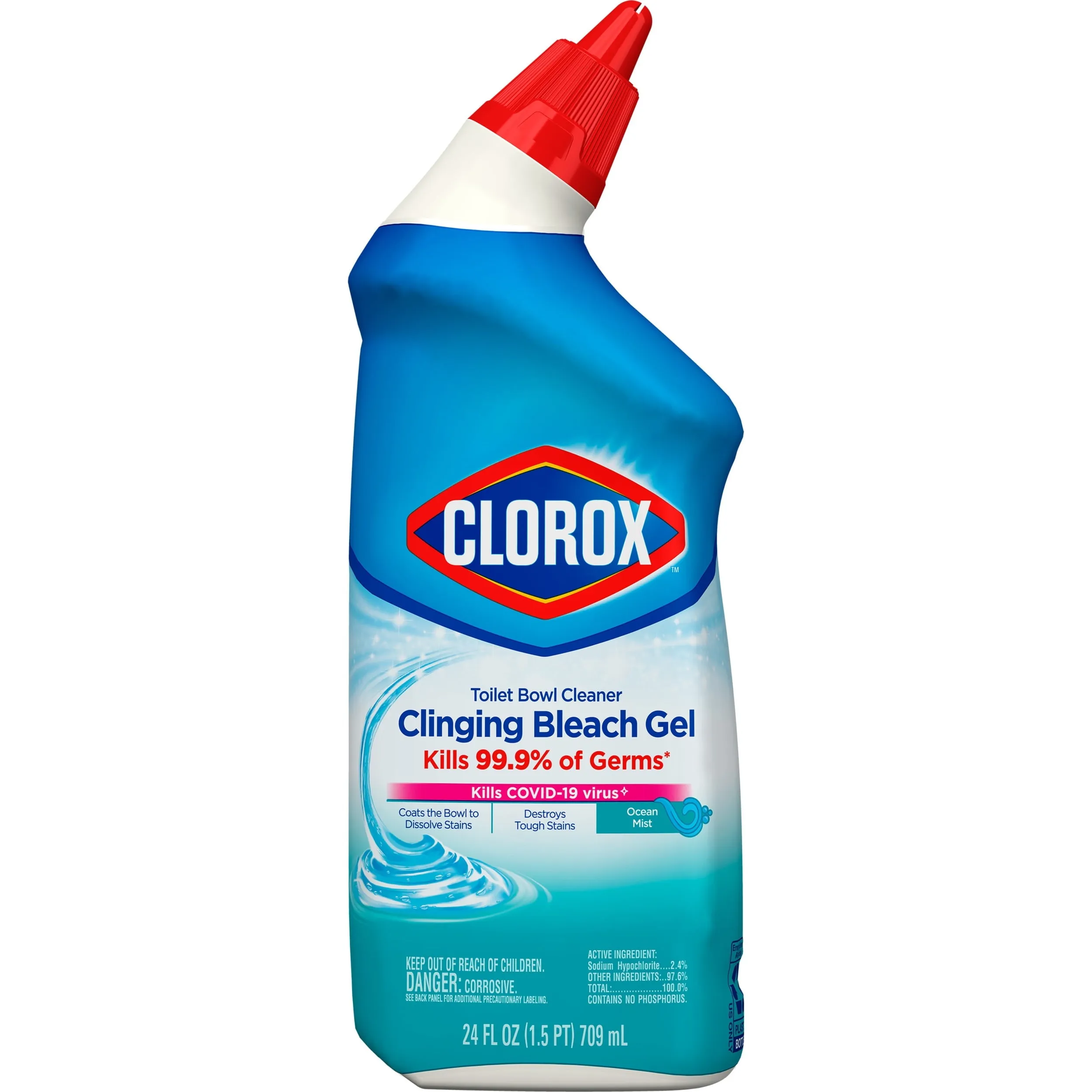 Clorox Toilet Bowl Cleaner Clinging Bleach Gel, Cool Wave, 24 fl oz