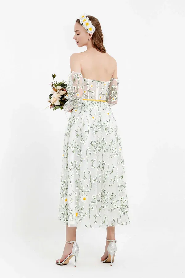 Fashion Elegant Evening Dress Puffy Sleeves Prom Dresses Off Shoulder Floral Lace Dress