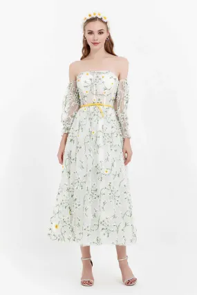 Fashion Elegant Evening Dress Puffy Sleeves Prom Dresses Off Shoulder Floral Lace Dress