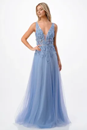 Fashion Evening Dress 3D Floral Deep V-Neck Tulle Gown Prom Dresses