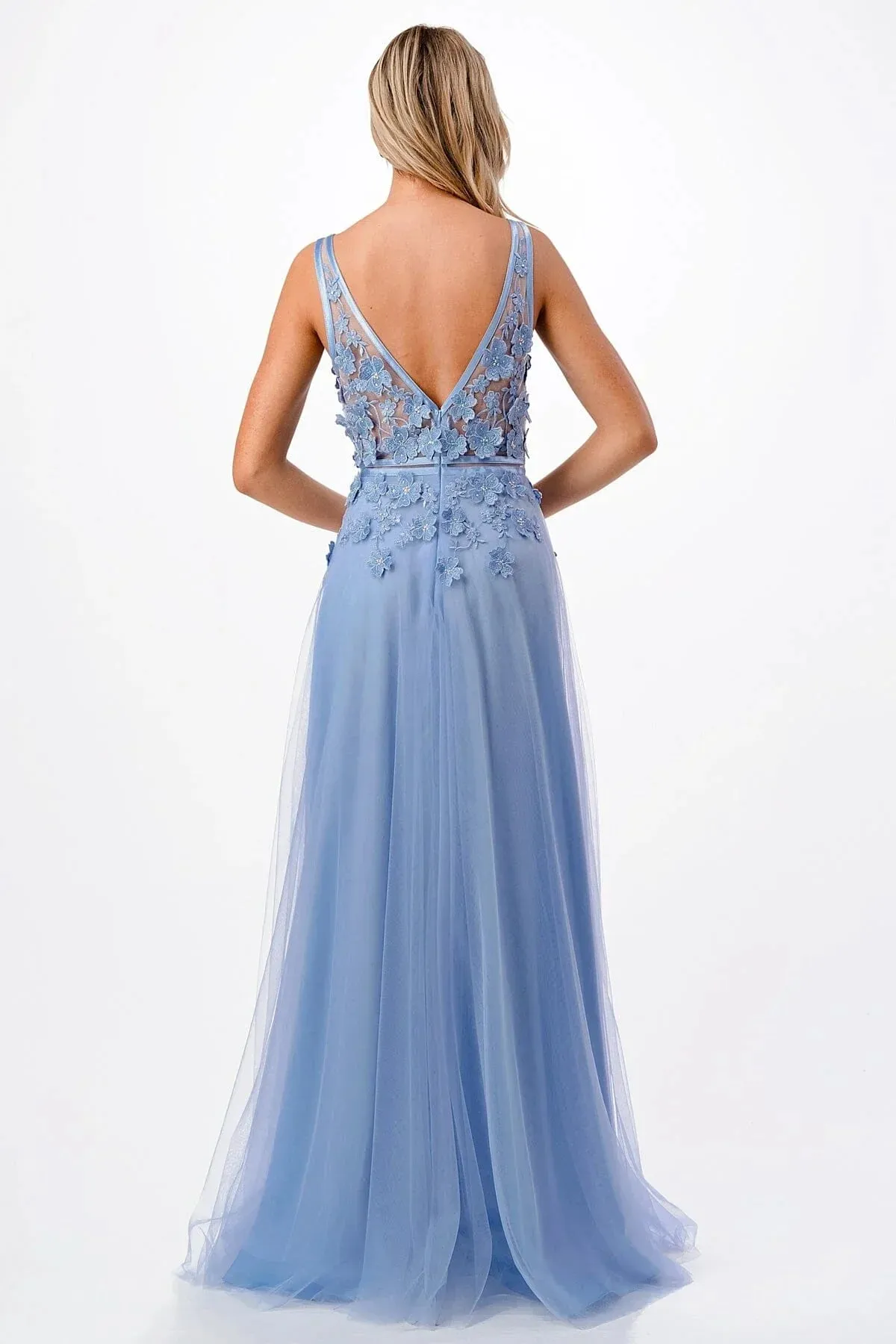 Fashion Evening Dress 3D Floral Deep V-Neck Tulle Gown Prom Dresses