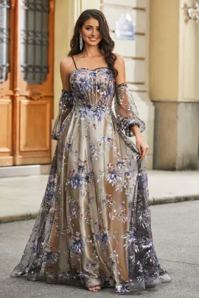 Fashion Evening Dress Floral Sequins Ruched Satin A-Line Tulle Dress Prom Dresses