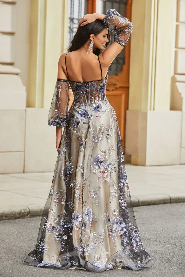 Fashion Evening Dress Floral Sequins Ruched Satin A-Line Tulle Dress Prom Dresses