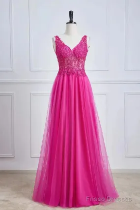 Fuchsia A-Line Long Prom Dress Plunging V Neck Floral