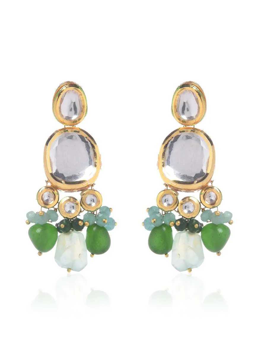 Gold Plated Earrings Handcrafted With Kundan And Dangling Green Beads By Paisley Pop