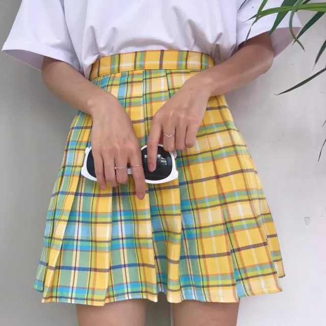 Harajuku Plaid Pleated Skirt High Waist Casual Rainbow A-Line Skirt Female Bottoms Midi Skirt