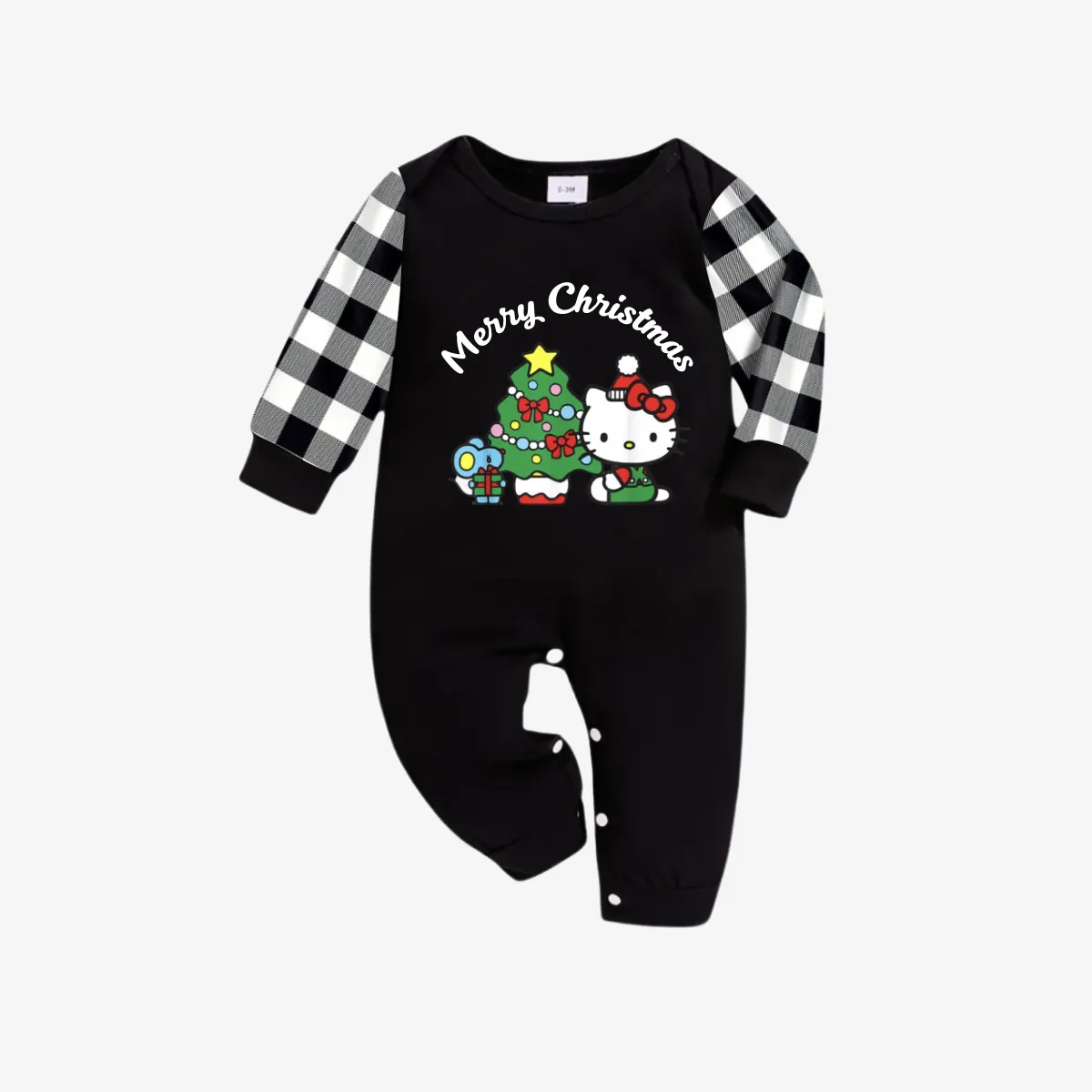 Hellokitty with Merry Christmas Letter and Tree Printed Black&White Plaid Family Pajama Sets