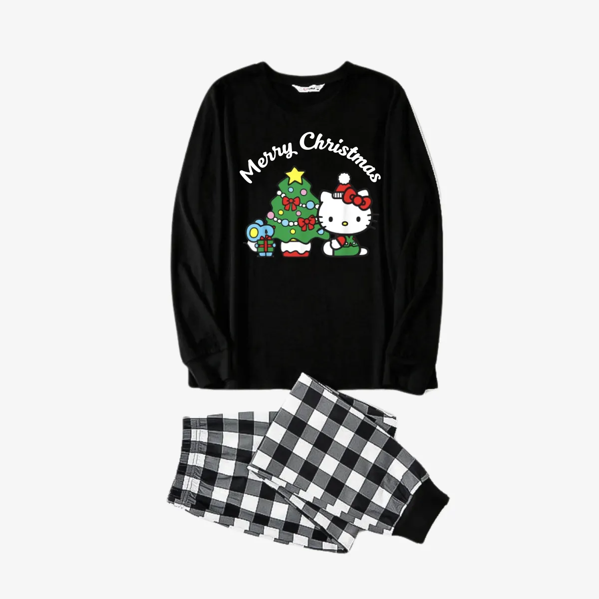 Hellokitty with Merry Christmas Letter and Tree Printed Black&White Plaid Family Pajama Sets