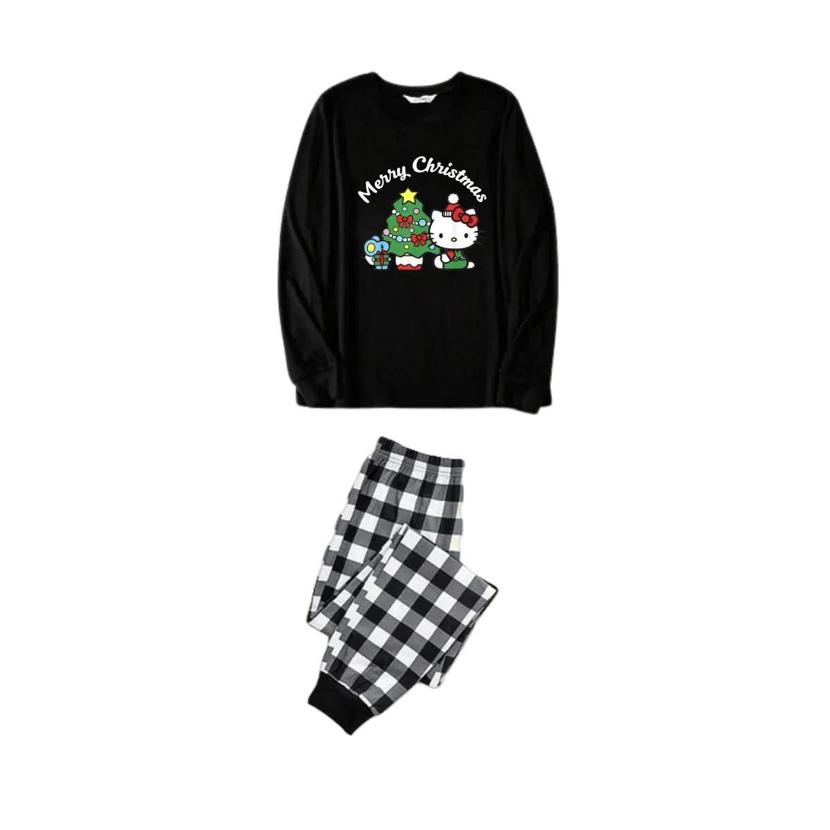 Hellokitty with Merry Christmas Letter and Tree Printed Black&White Plaid Family Pajama Sets