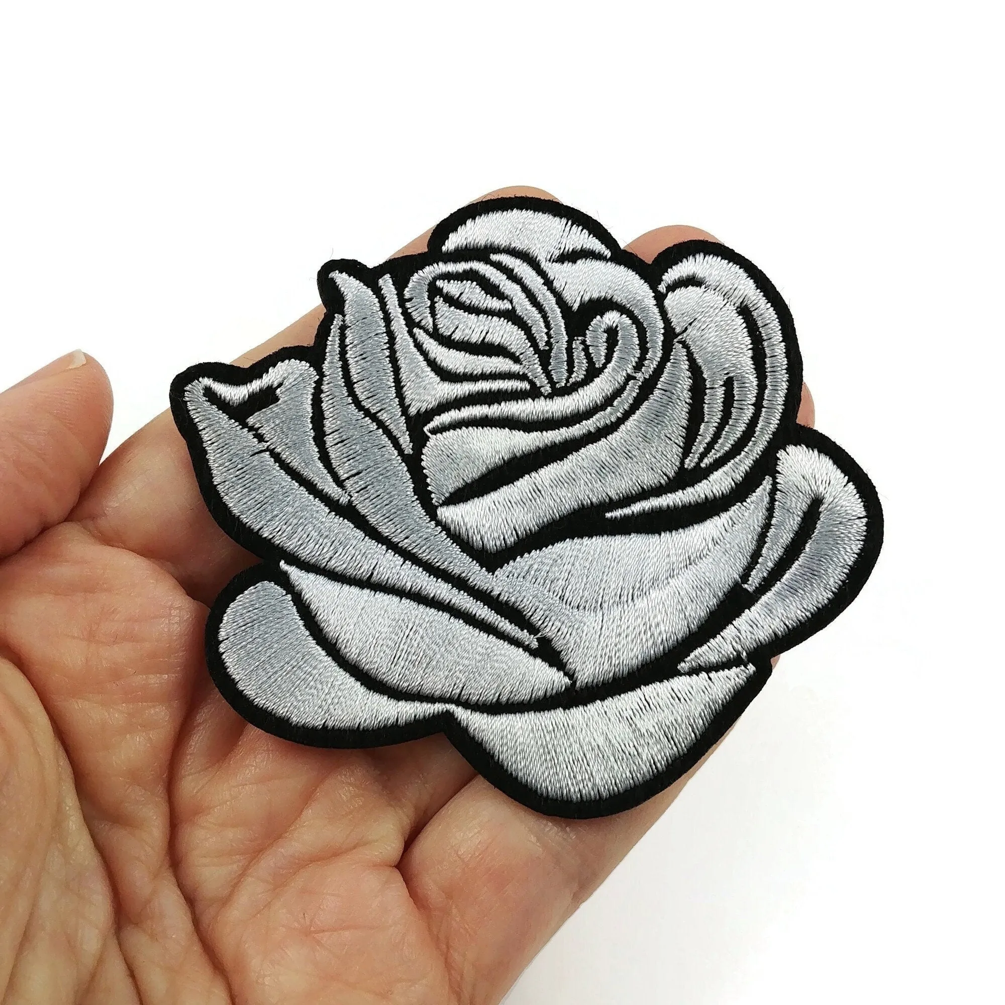 Large rose flower embroidered patch