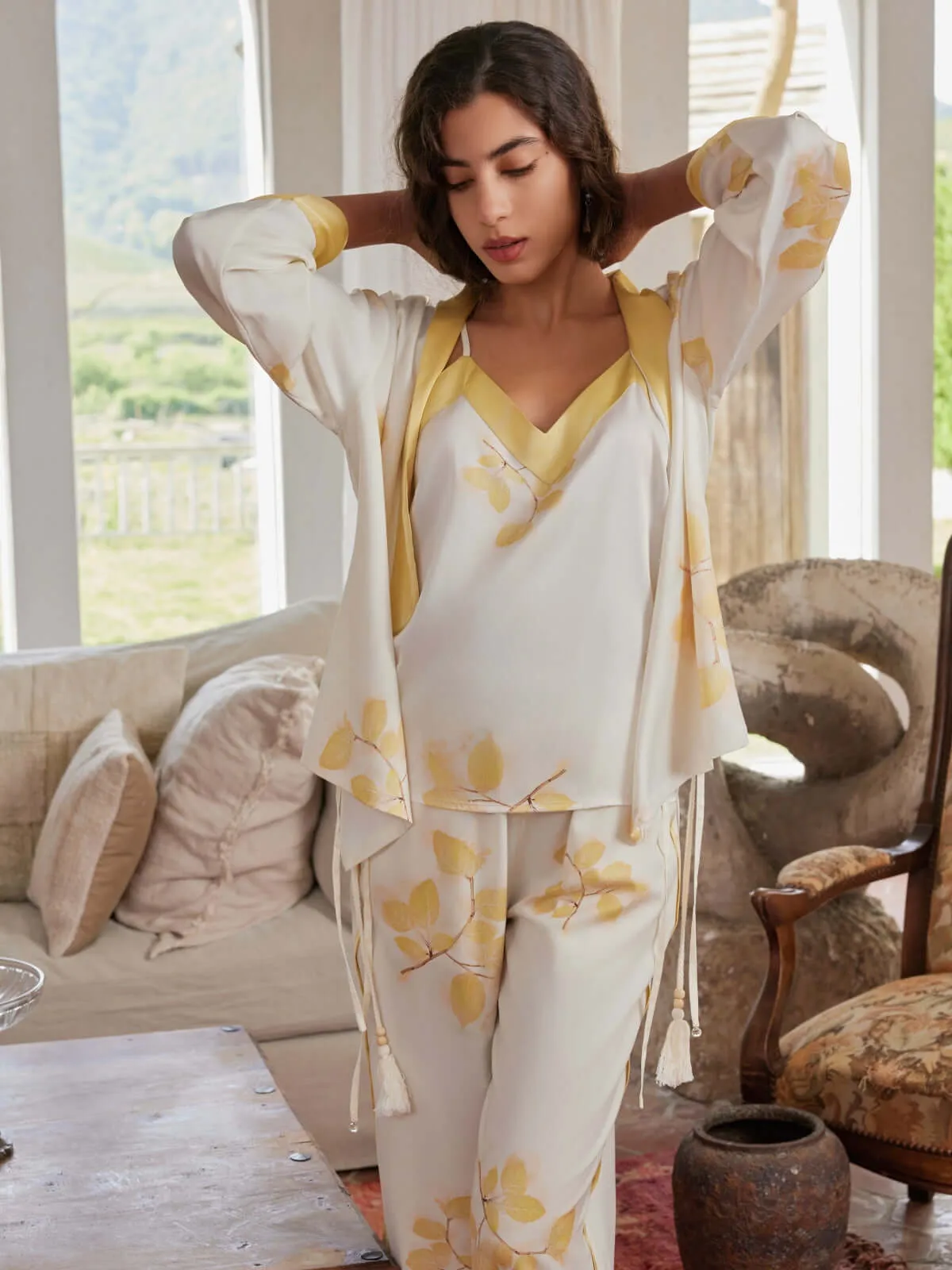 Leaves Printed Pajama Set 3Pcs with Robe Camisole and Pants