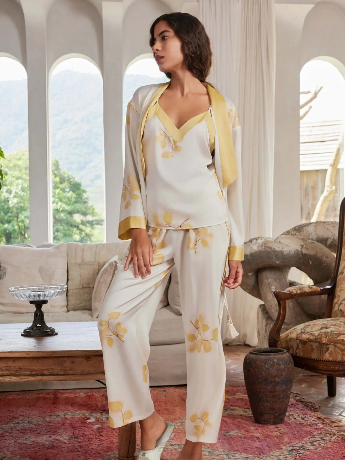 Leaves Printed Pajama Set 3Pcs with Robe Camisole and Pants