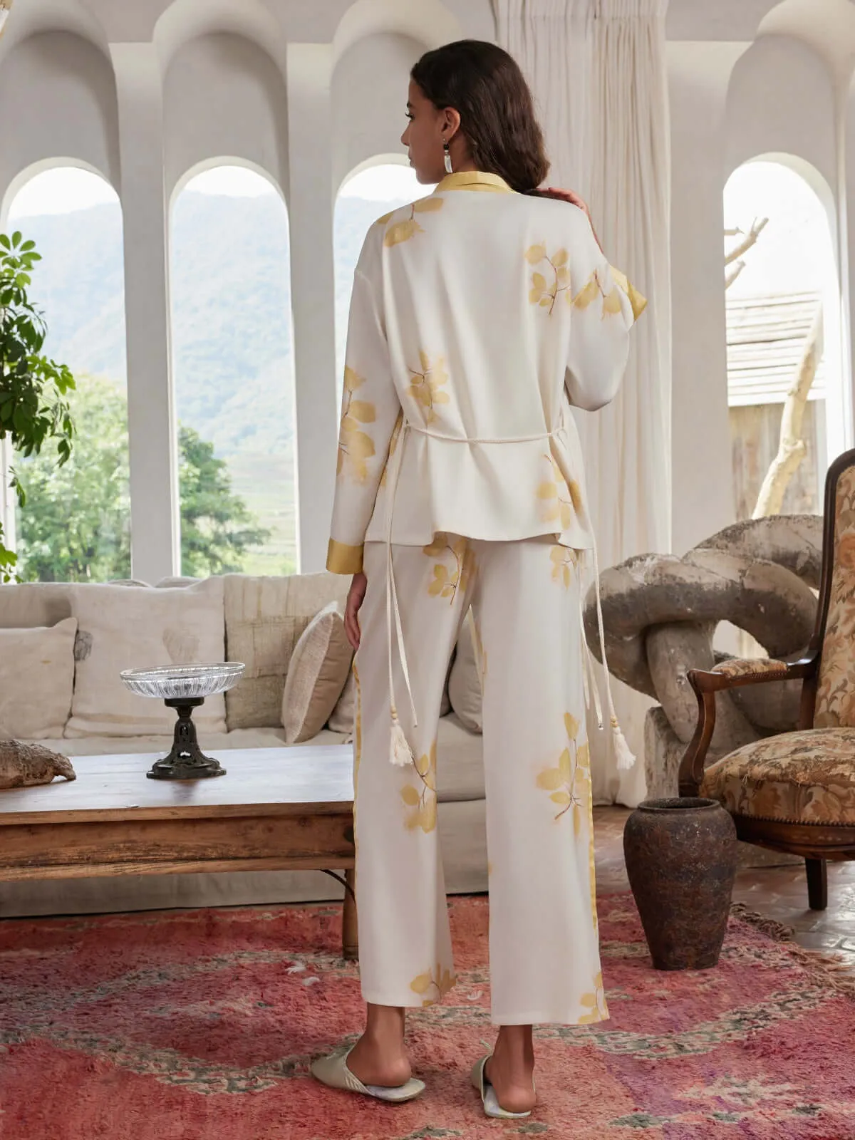 Leaves Printed Pajama Set 3Pcs with Robe Camisole and Pants