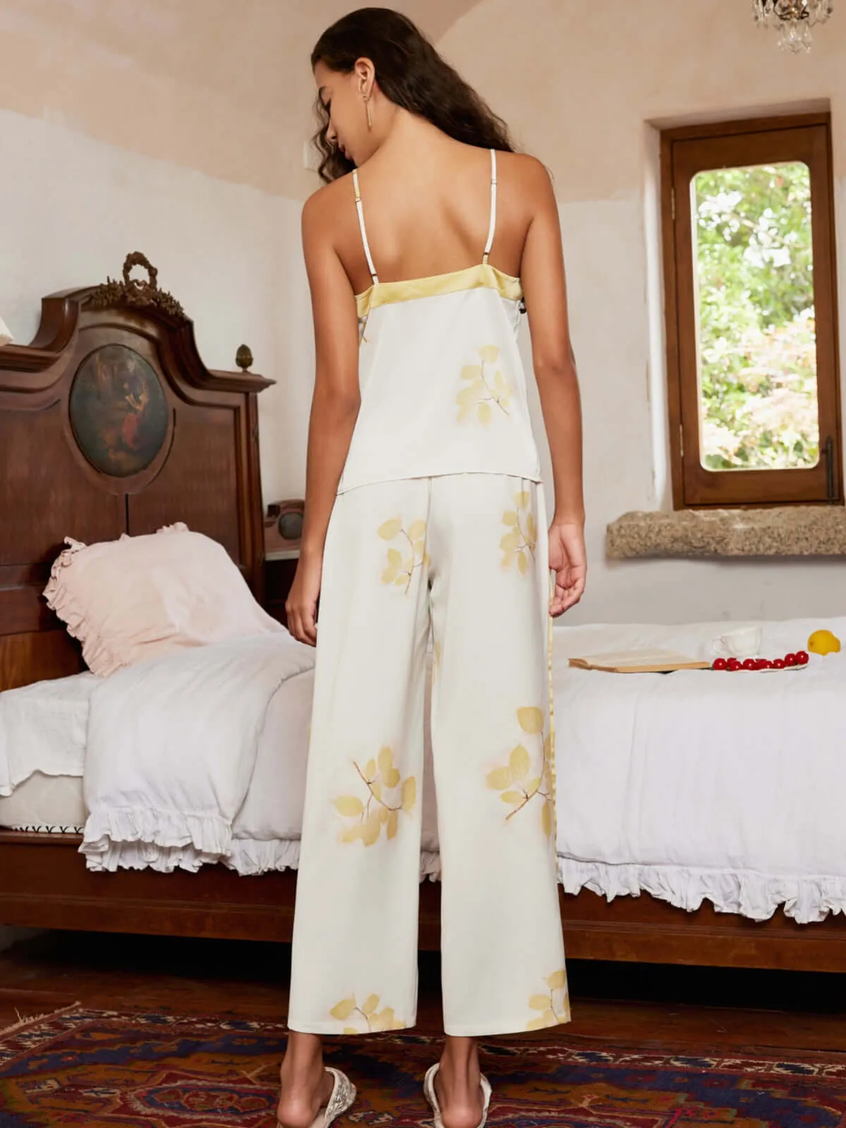 Leaves Printed Pajama Set 3Pcs with Robe Camisole and Pants
