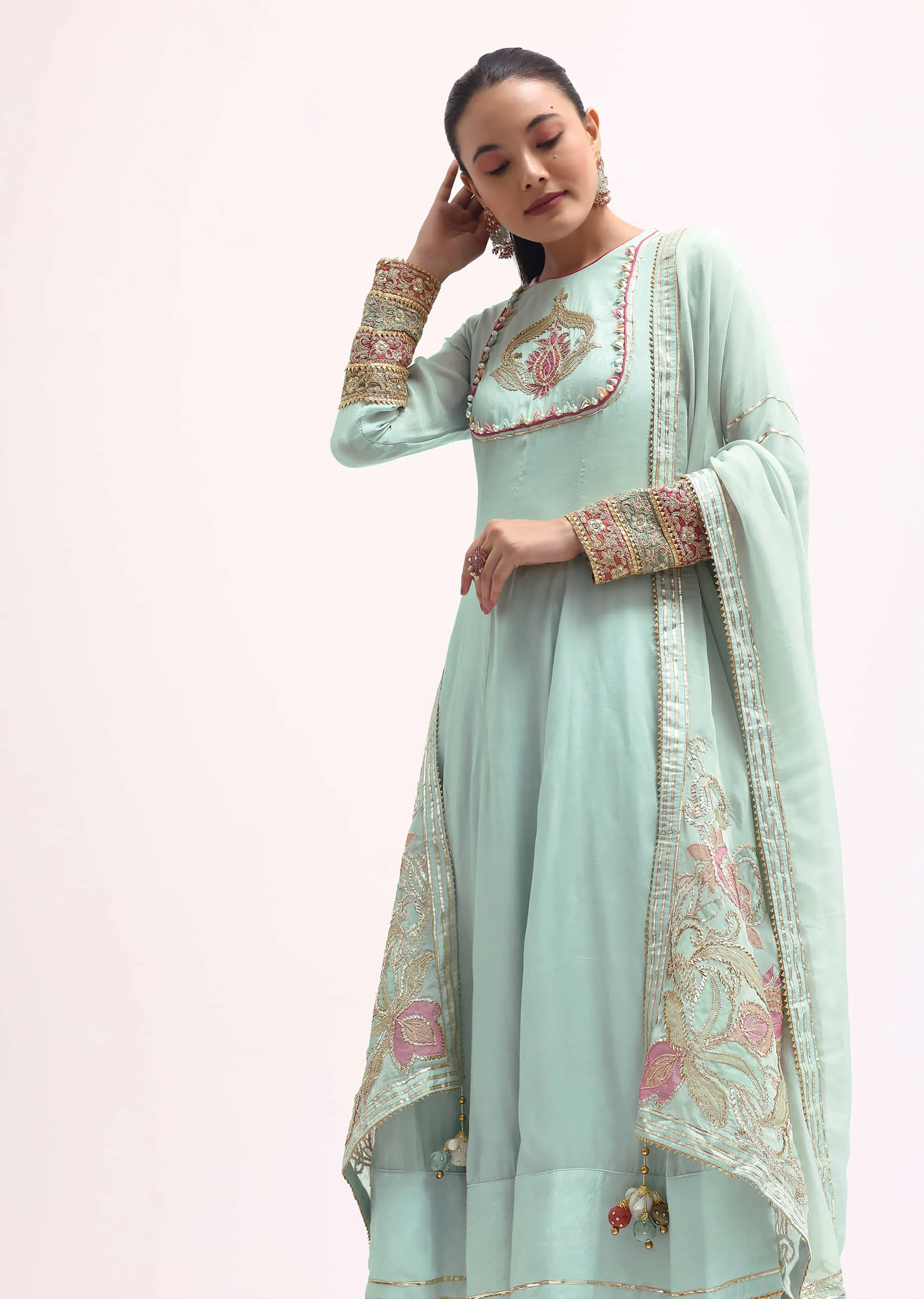 Light Blue Silk Anarkali Set In Gotta Work