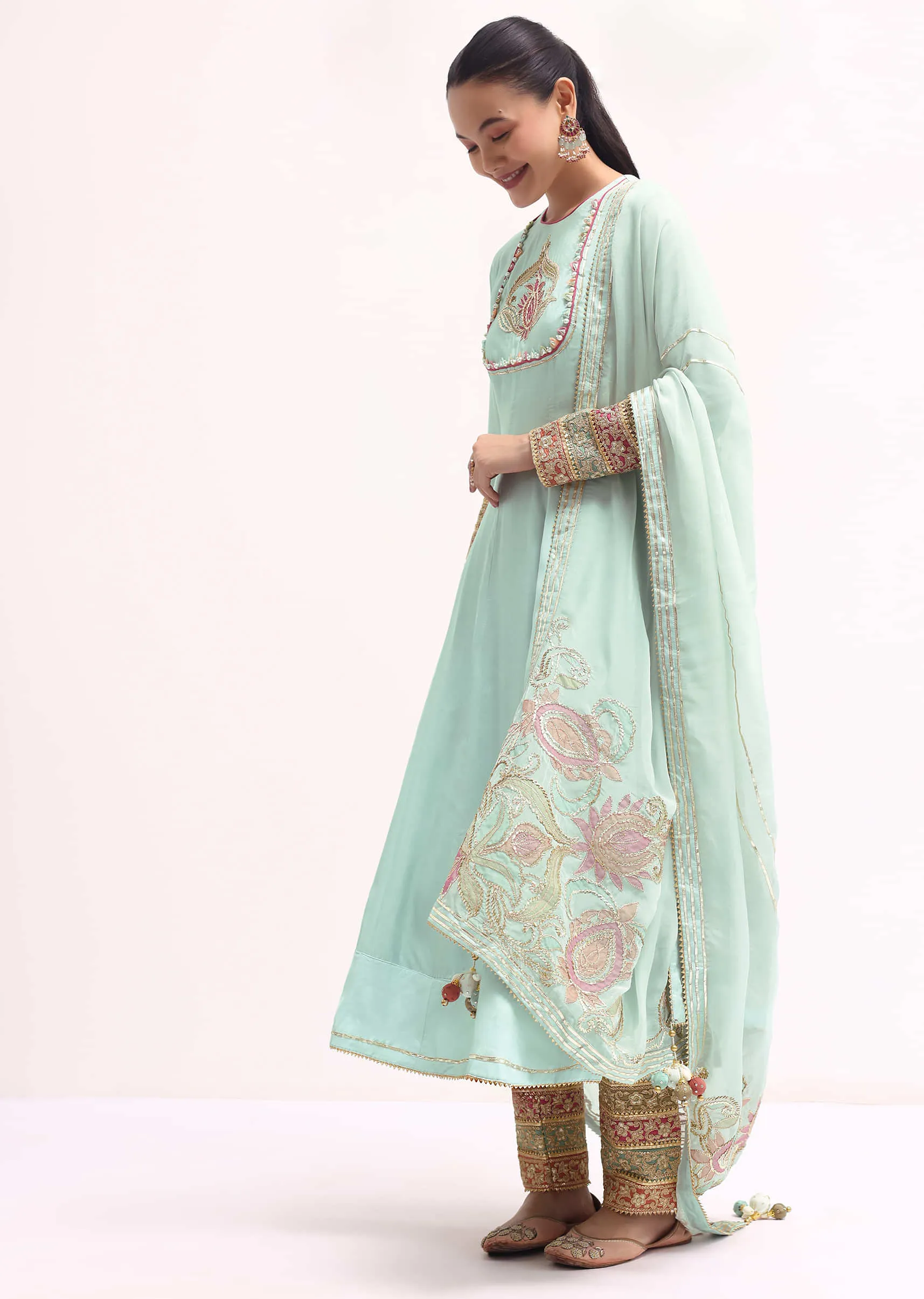 Light Blue Silk Anarkali Set In Gotta Work