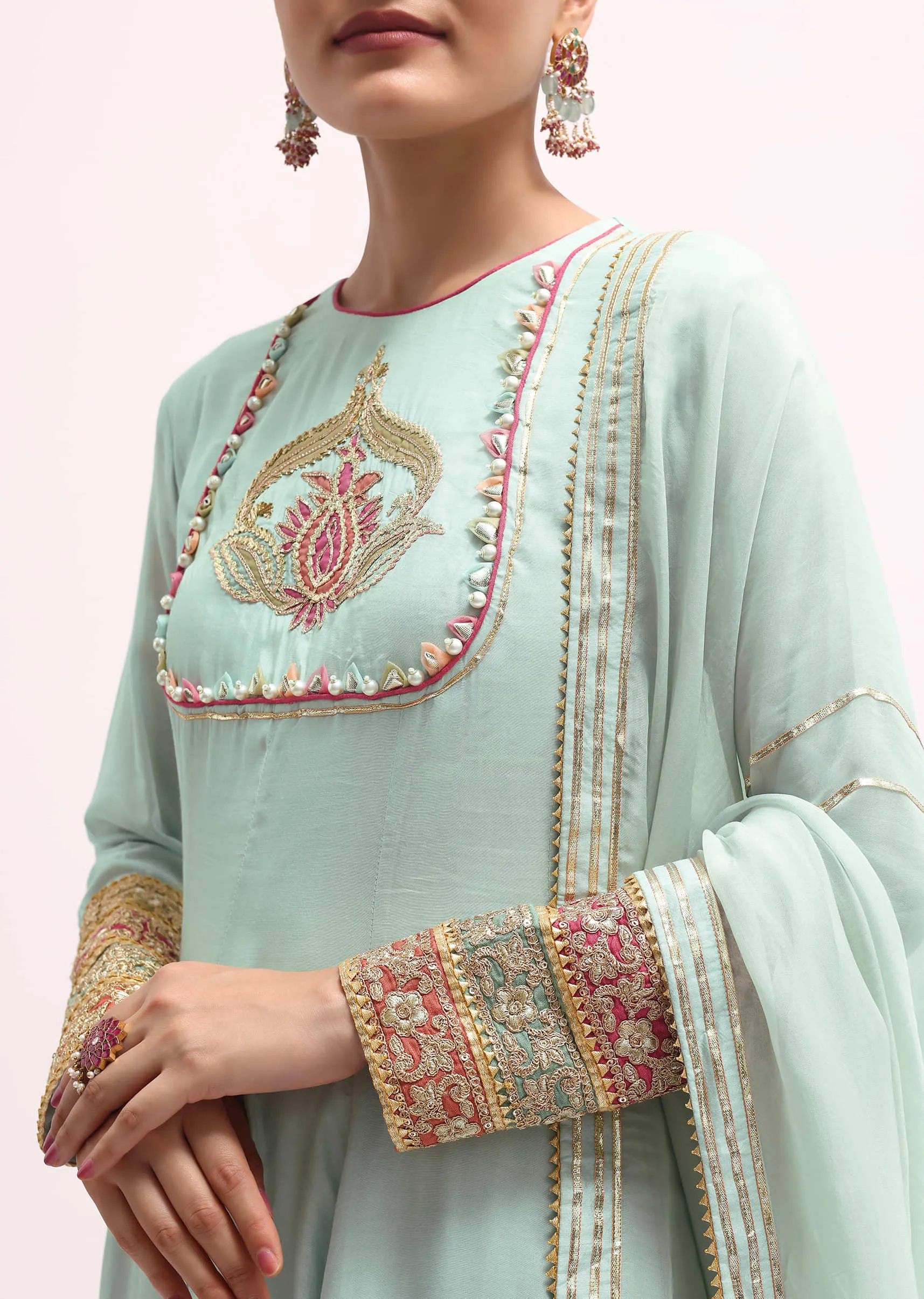 Light Blue Silk Anarkali Set In Gotta Work