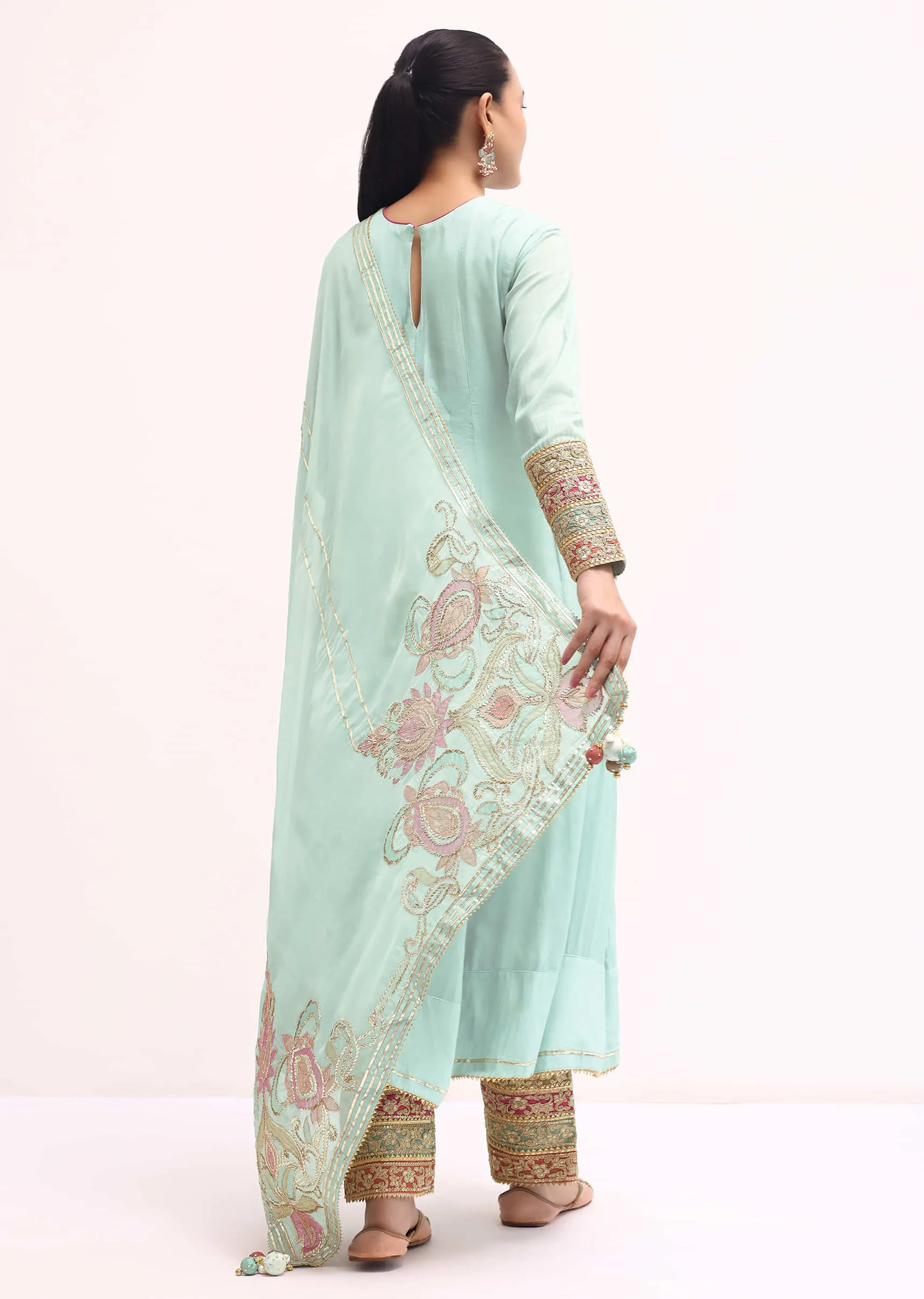 Light Blue Silk Anarkali Set In Gotta Work