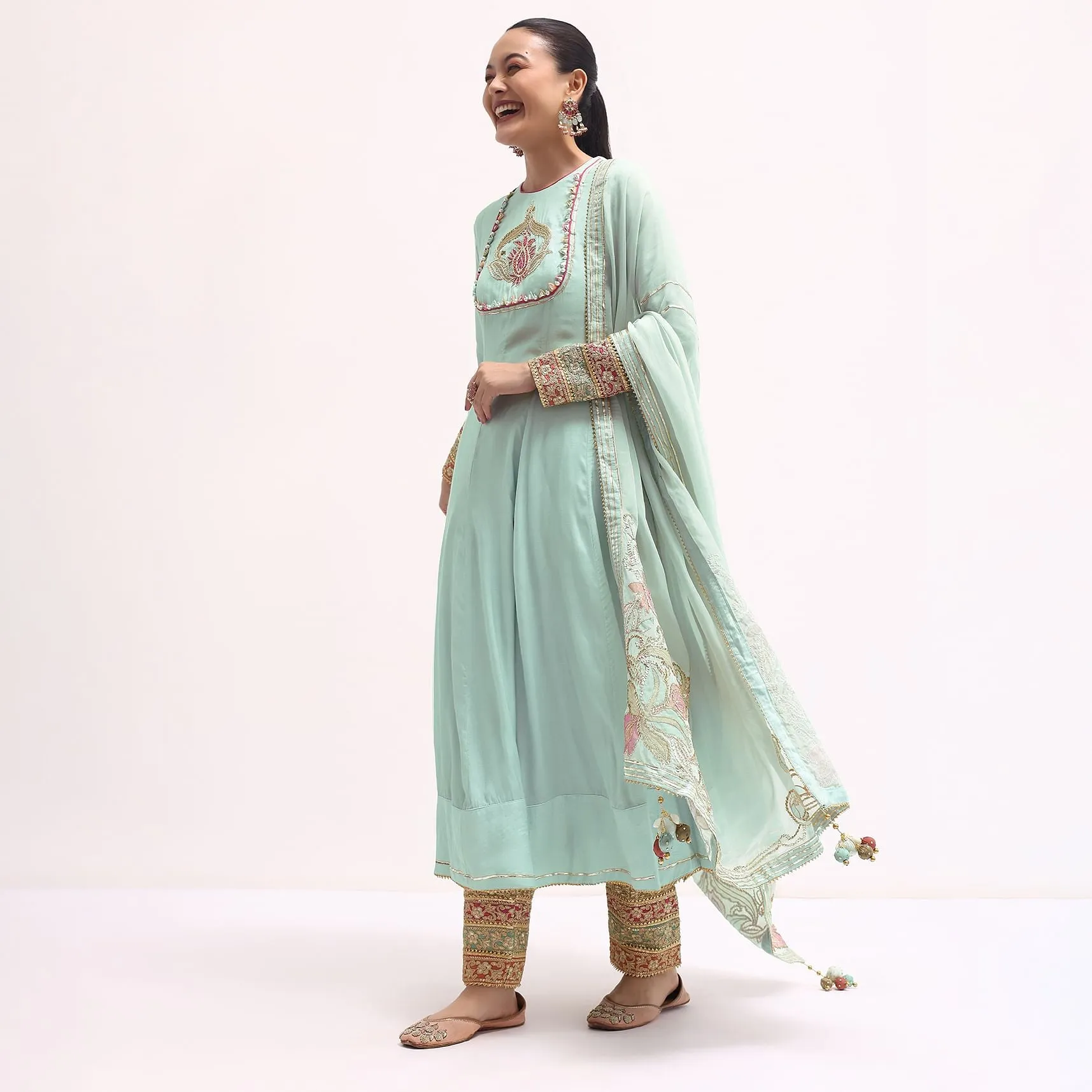 Light Blue Silk Anarkali Set In Gotta Work