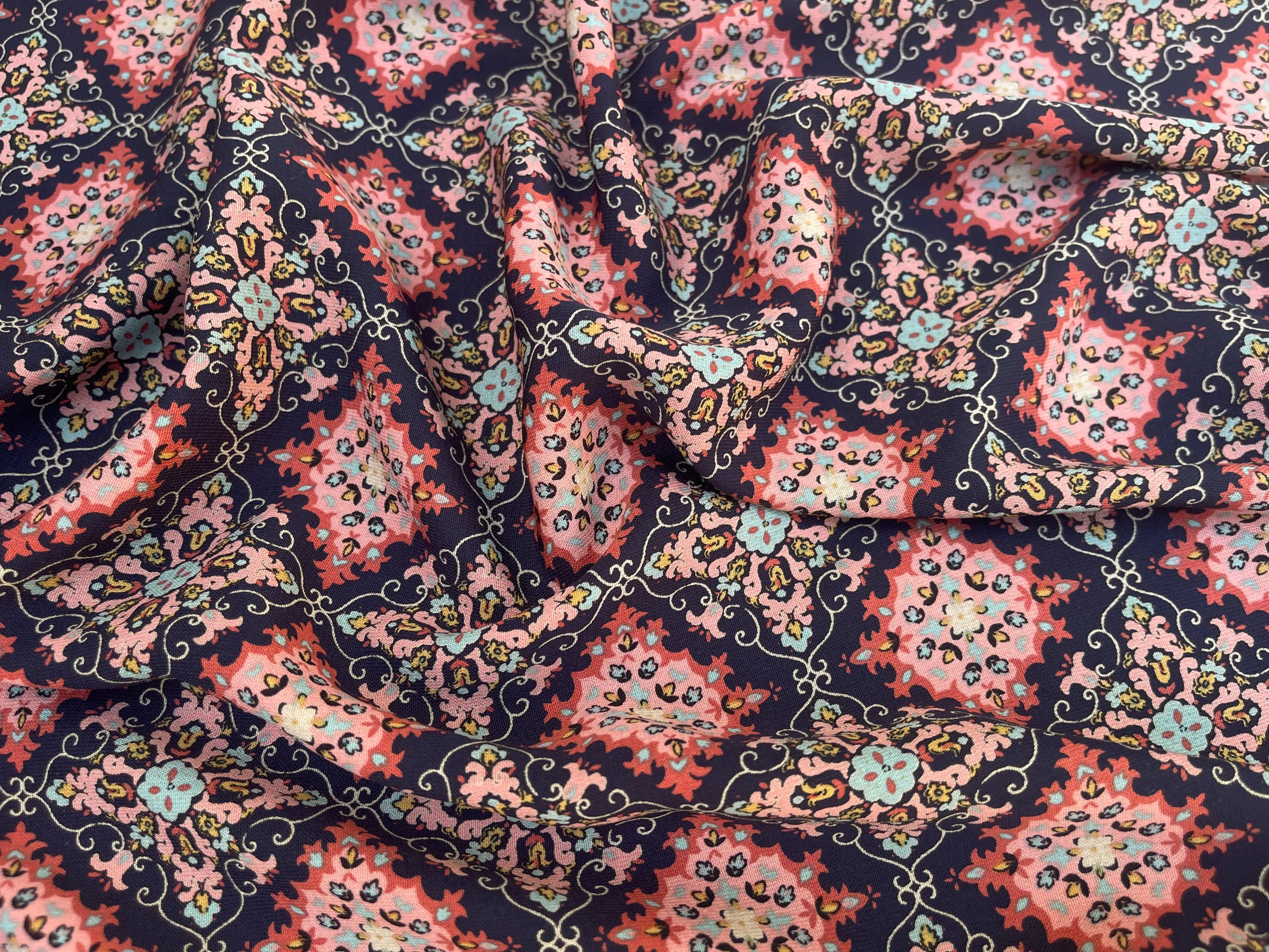 Orange and blue medallion border  Woolpeach fabric by the yard - soft flowy fabric