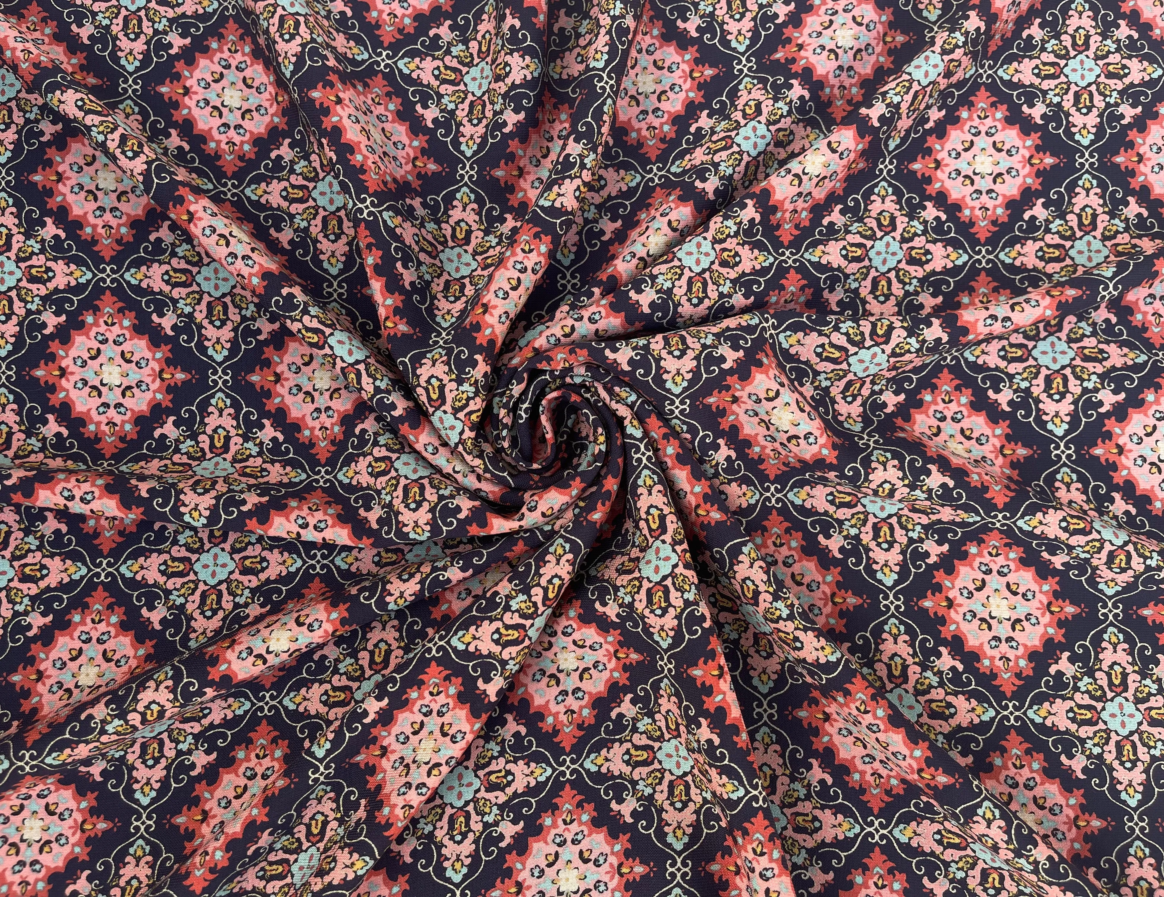 Orange and blue medallion border  Woolpeach fabric by the yard - soft flowy fabric