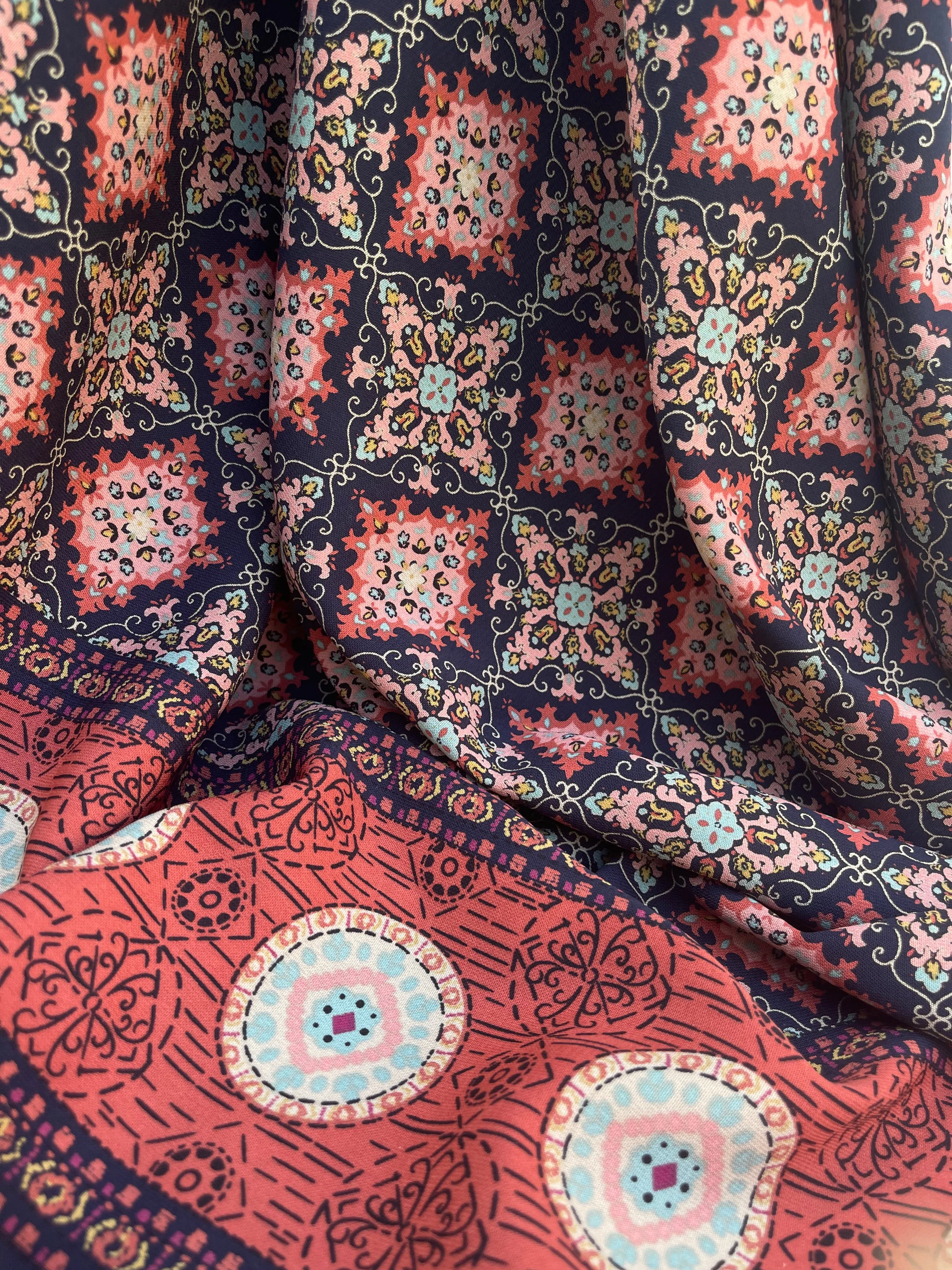 Orange and blue medallion border  Woolpeach fabric by the yard - soft flowy fabric