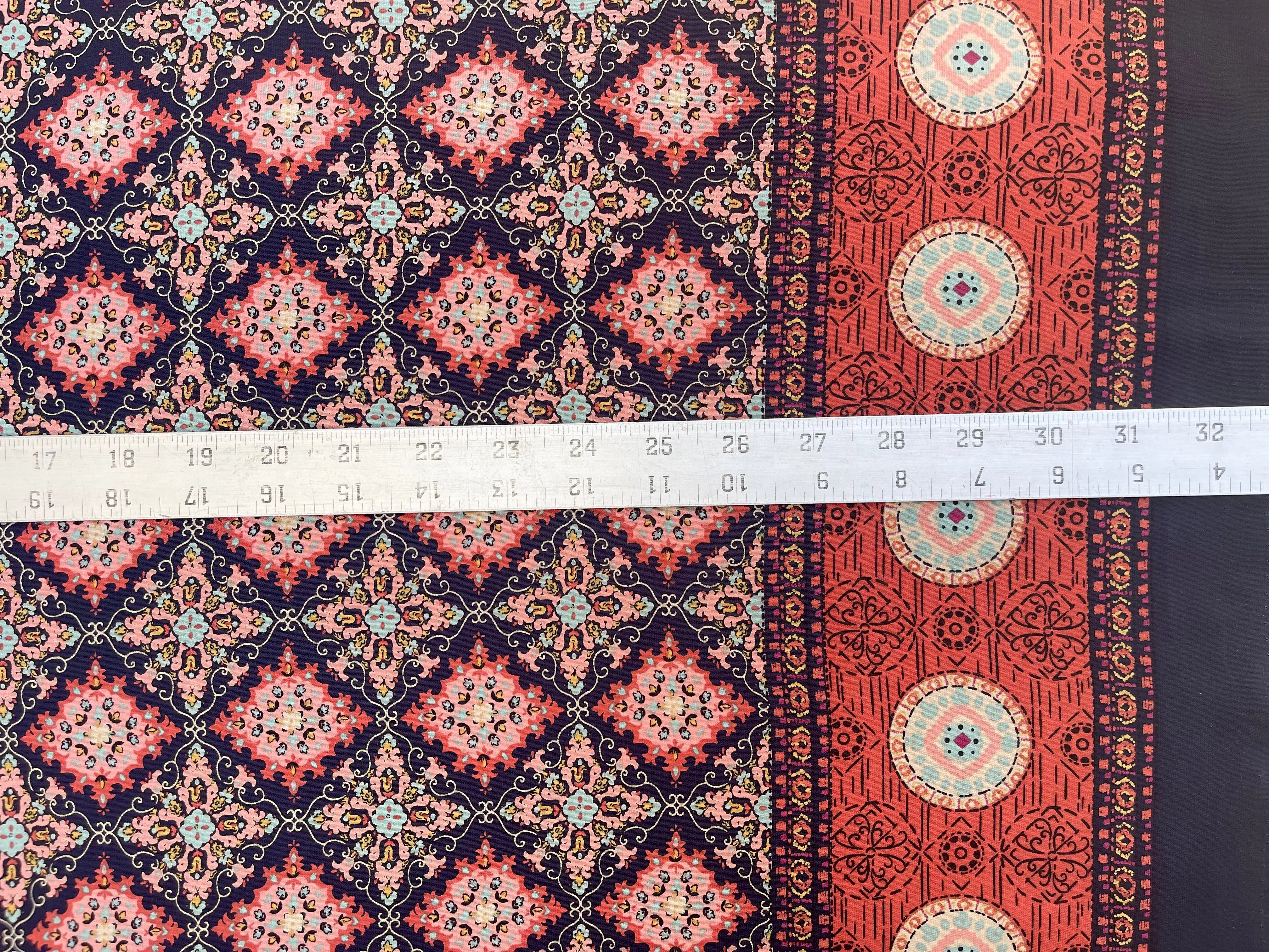 Orange and blue medallion border  Woolpeach fabric by the yard - soft flowy fabric
