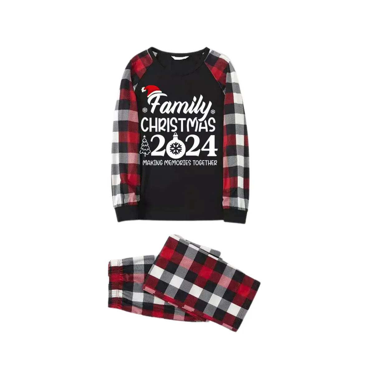 "FAMILY 2024CHRISTMAS  MAKING MEMORIES TOGETHER " Text And Santa Hat Printed Pattern- Black Top with Red&Black&White Plaid Sleeves - Family Matching Pajamas