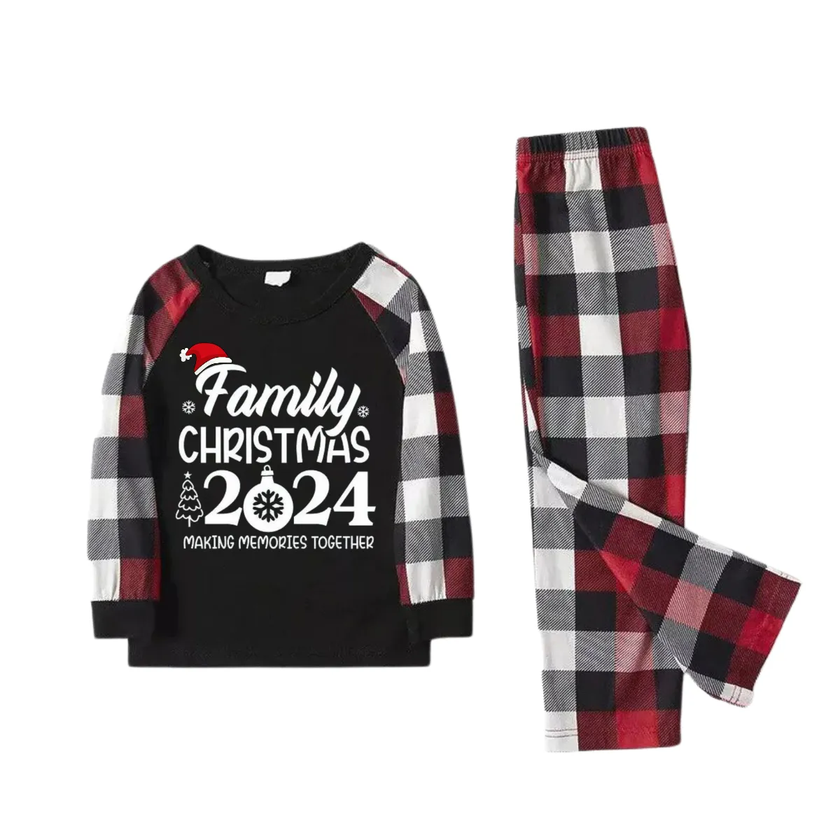 "FAMILY 2024CHRISTMAS  MAKING MEMORIES TOGETHER " Text And Santa Hat Printed Pattern- Black Top with Red&Black&White Plaid Sleeves - Family Matching Pajamas
