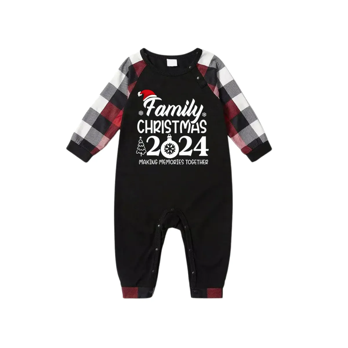 "FAMILY 2024CHRISTMAS  MAKING MEMORIES TOGETHER " Text And Santa Hat Printed Pattern- Black Top with Red&Black&White Plaid Sleeves - Family Matching Pajamas