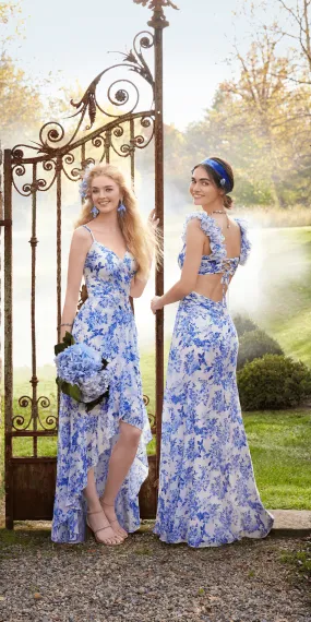 Ruffle High-Low Chiffon Floral Print Dress