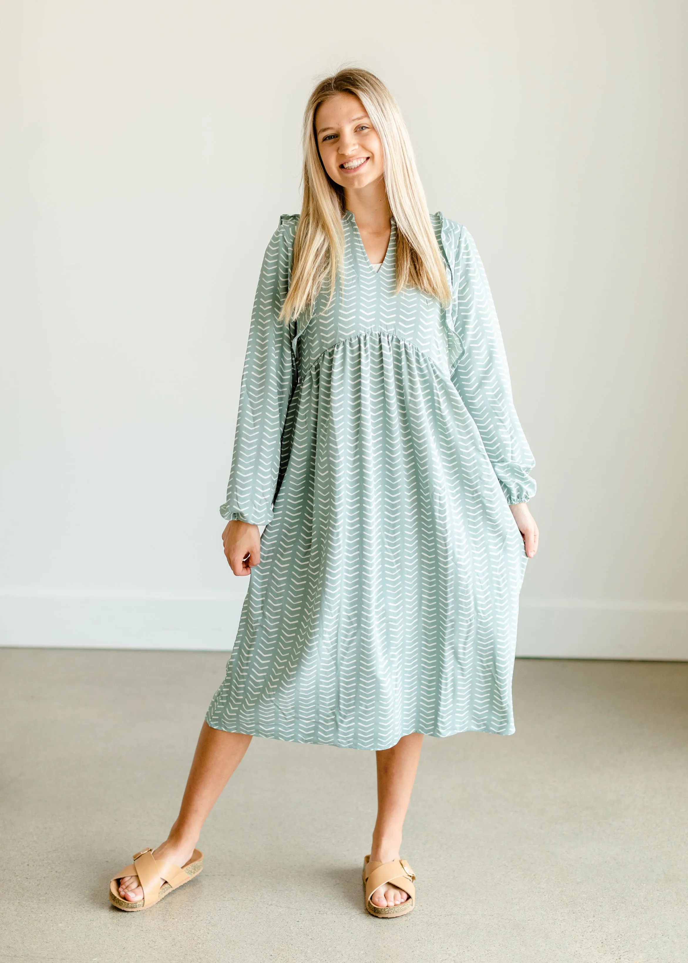 Sky Ruffle Shoulder Flowy Midi Dress - FINAL SALE