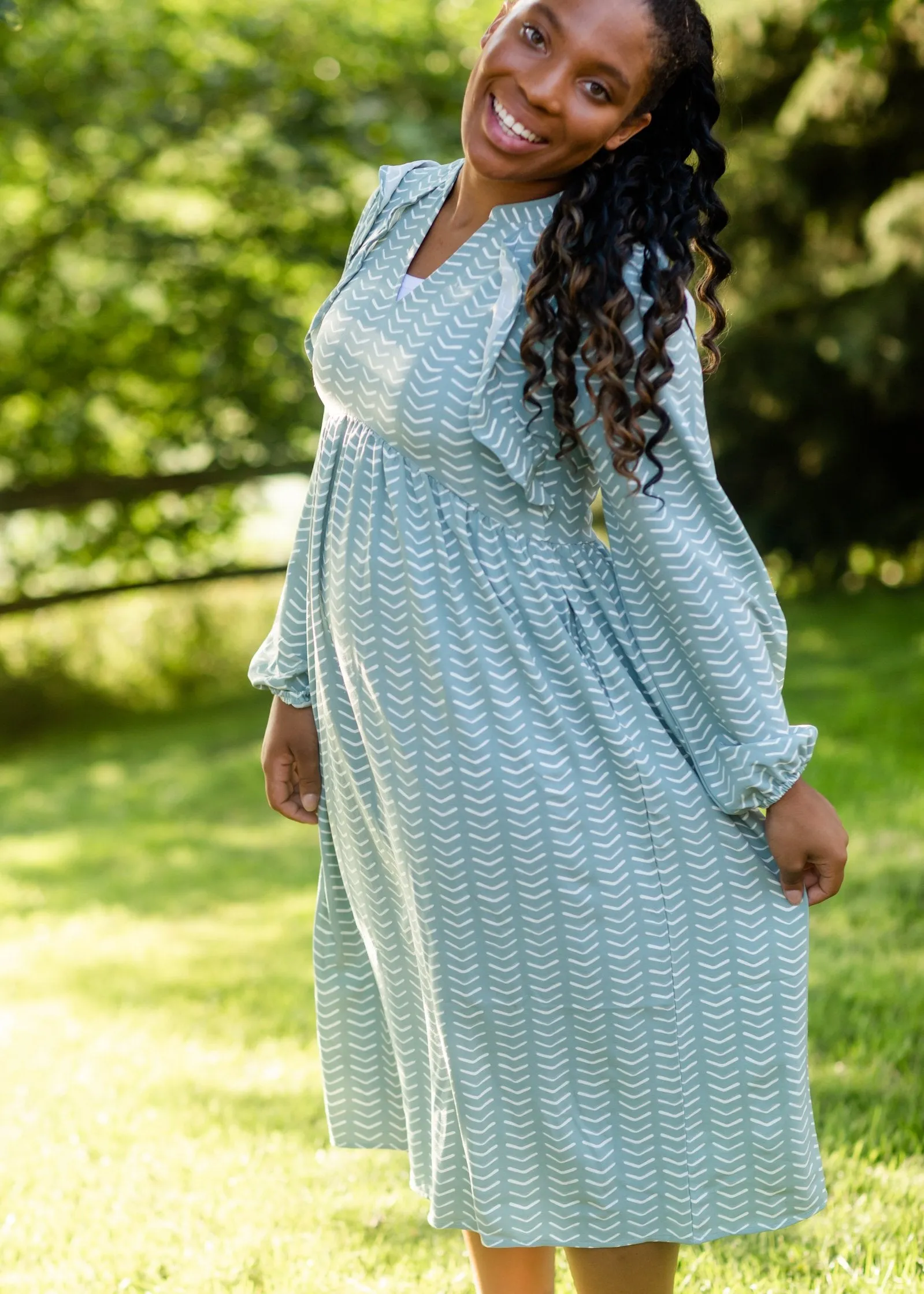 Sky Ruffle Shoulder Flowy Midi Dress - FINAL SALE