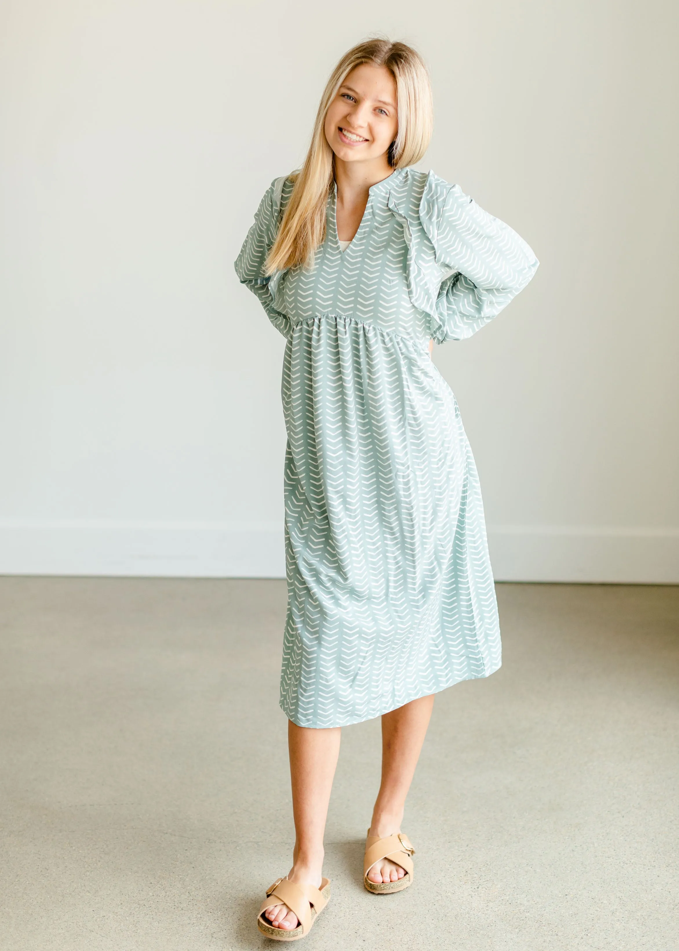 Sky Ruffle Shoulder Flowy Midi Dress - FINAL SALE