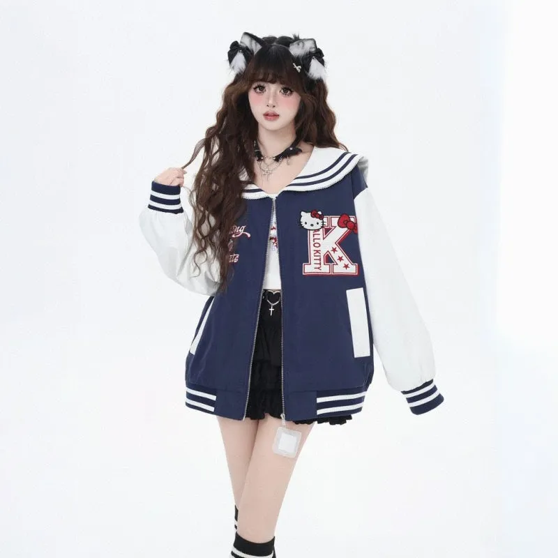 Sweet Cool College Style Hello Kitty Embroidered Navy Collar Jacket