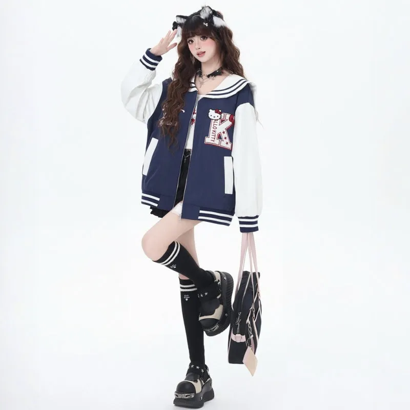 Sweet Cool College Style Hello Kitty Embroidered Navy Collar Jacket