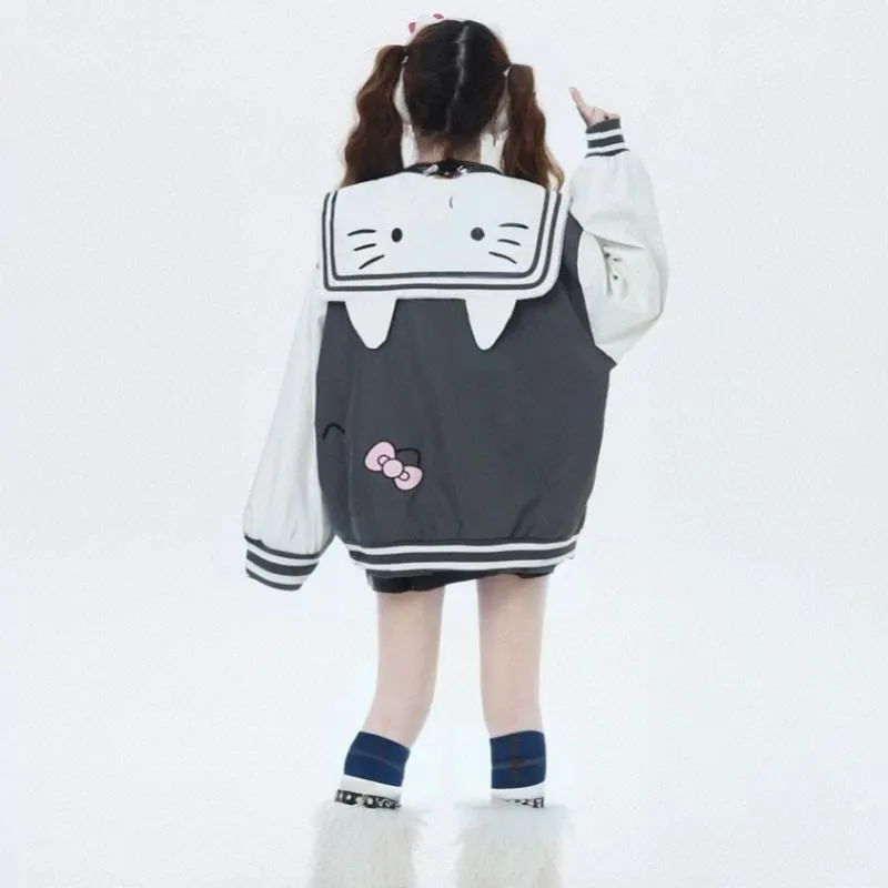 Sweet Cool College Style Hello Kitty Embroidered Navy Collar Jacket