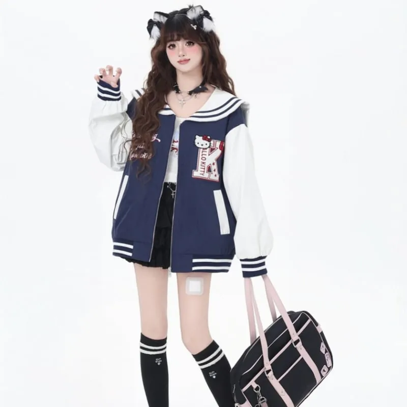 Sweet Cool College Style Hello Kitty Embroidered Navy Collar Jacket