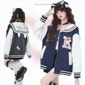 Sweet Cool College Style Hello Kitty Embroidered Navy Collar Jacket