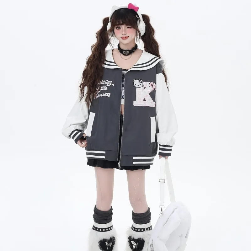 Sweet Cool College Style Hello Kitty Embroidered Navy Collar Jacket