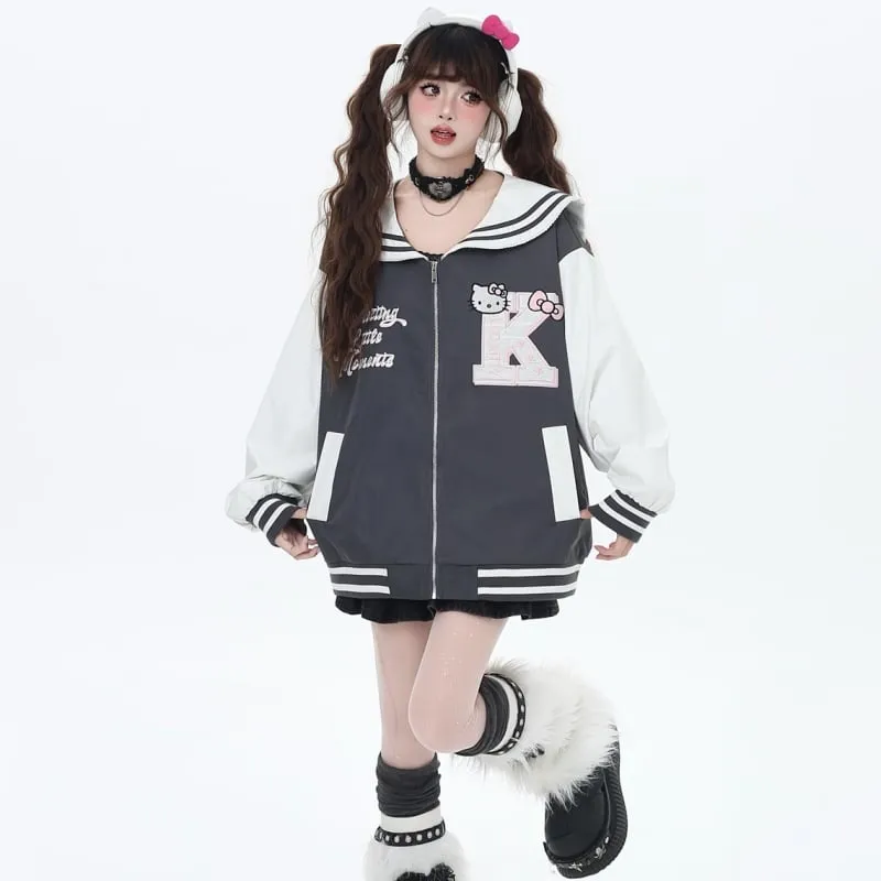 Sweet Cool College Style Hello Kitty Embroidered Navy Collar Jacket
