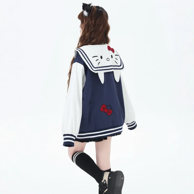 Sweet Cool College Style Hello Kitty Embroidered Navy Collar Jacket