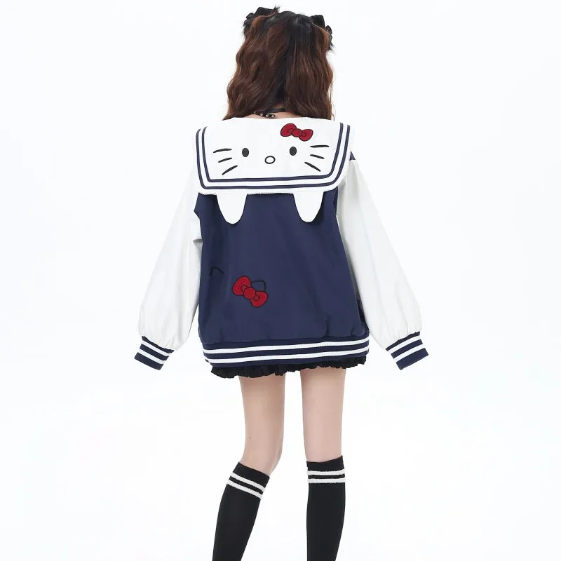 Sweet Cool College Style Hello Kitty Embroidered Navy Collar Jacket