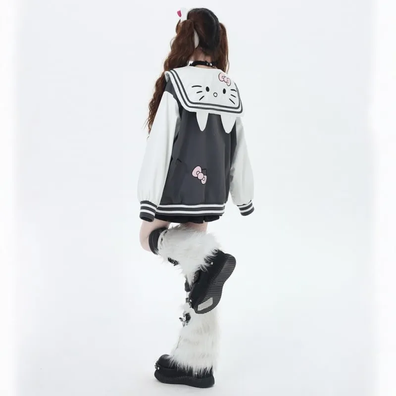 Sweet Cool College Style Hello Kitty Embroidered Navy Collar Jacket