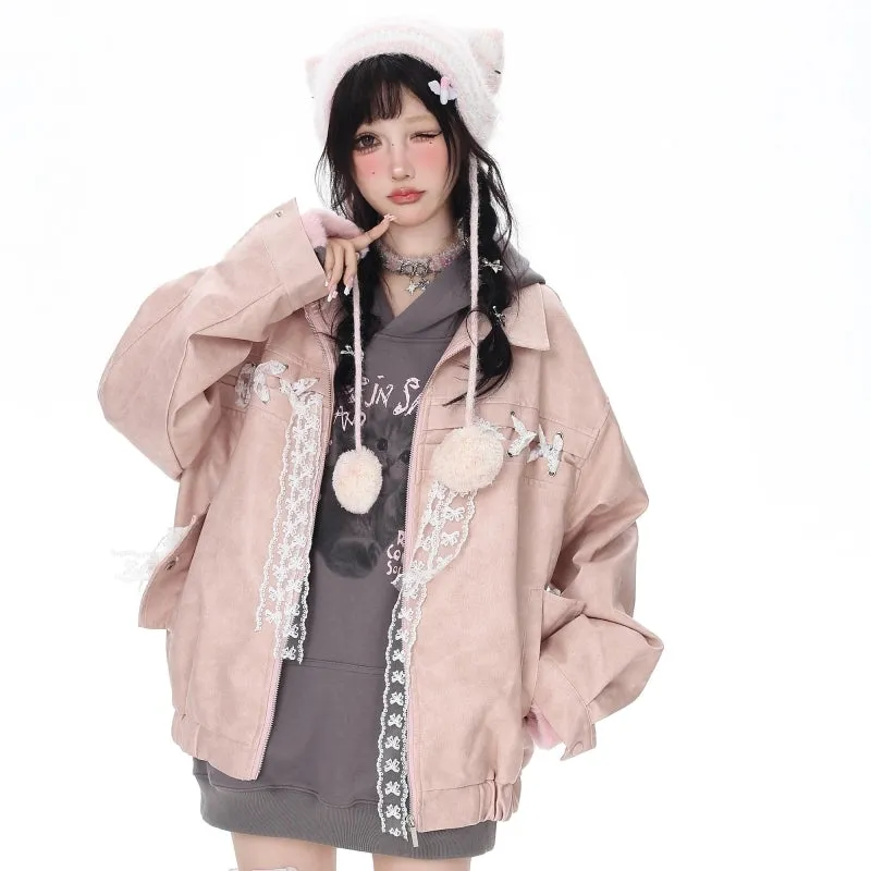Sweet Girl Style Pink Loose Coat