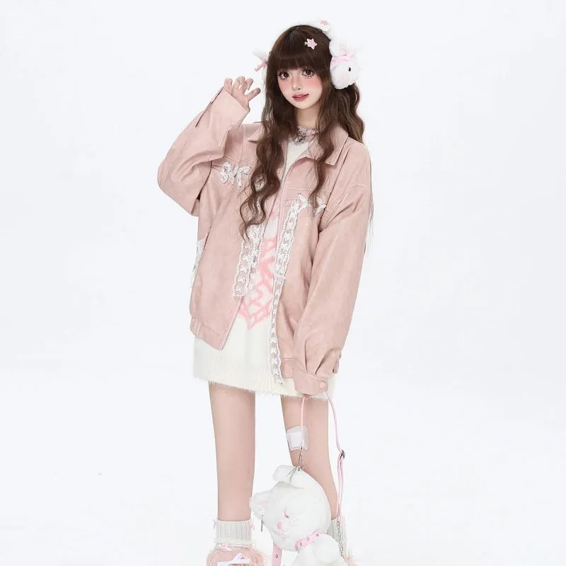 Sweet Girl Style Pink Loose Coat