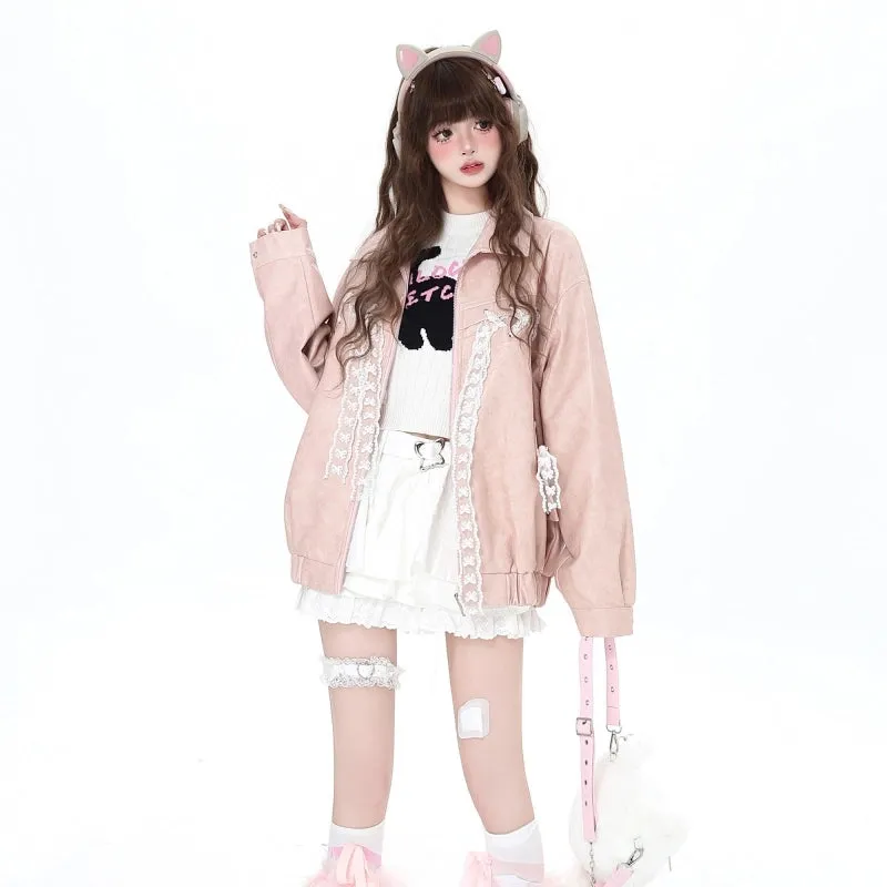 Sweet Girl Style Pink Loose Coat