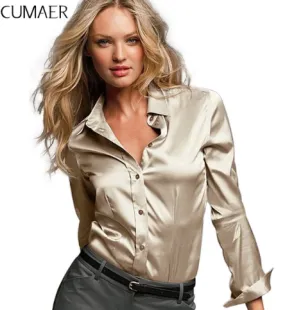 Women silk satin blouse button long sleeve